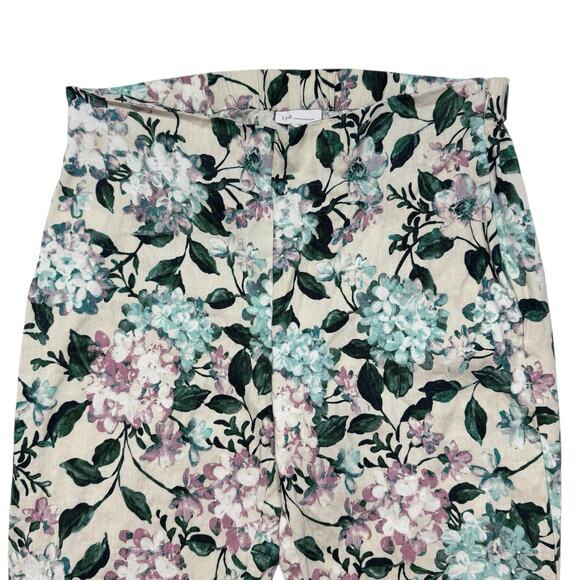 J.JILL Linen Stretch White Green Floral Side Zip Pants Size Medium Button Hem - Picture 3 of 8